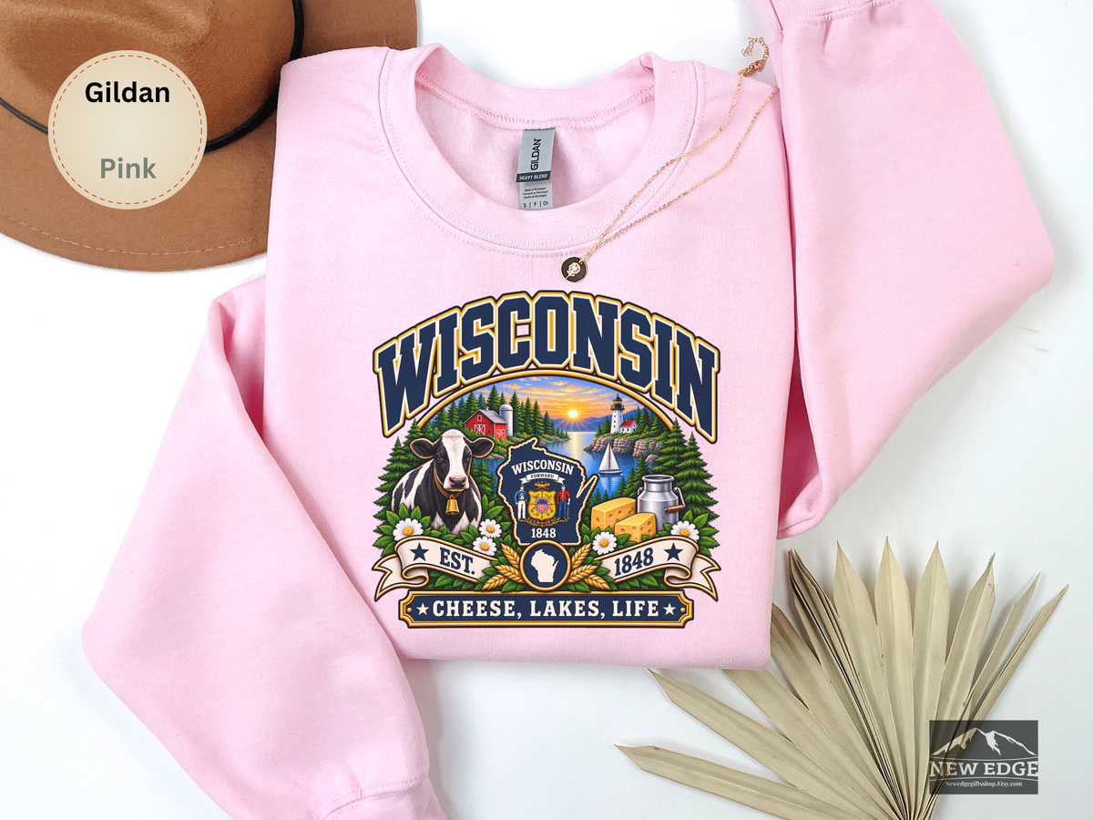 Wisconsin Cheese Lakes Life Sweatshirt, Vintage State Pride Gildan 18000 Crewneck, Scenic Wisconsin Gift
