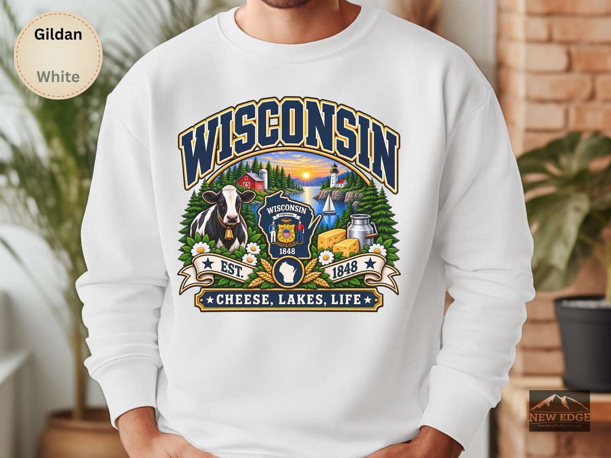 Wisconsin Cheese Lakes Life Sweatshirt, Vintage State Pride Gildan 18000 Crewneck, Scenic Wisconsin Gift