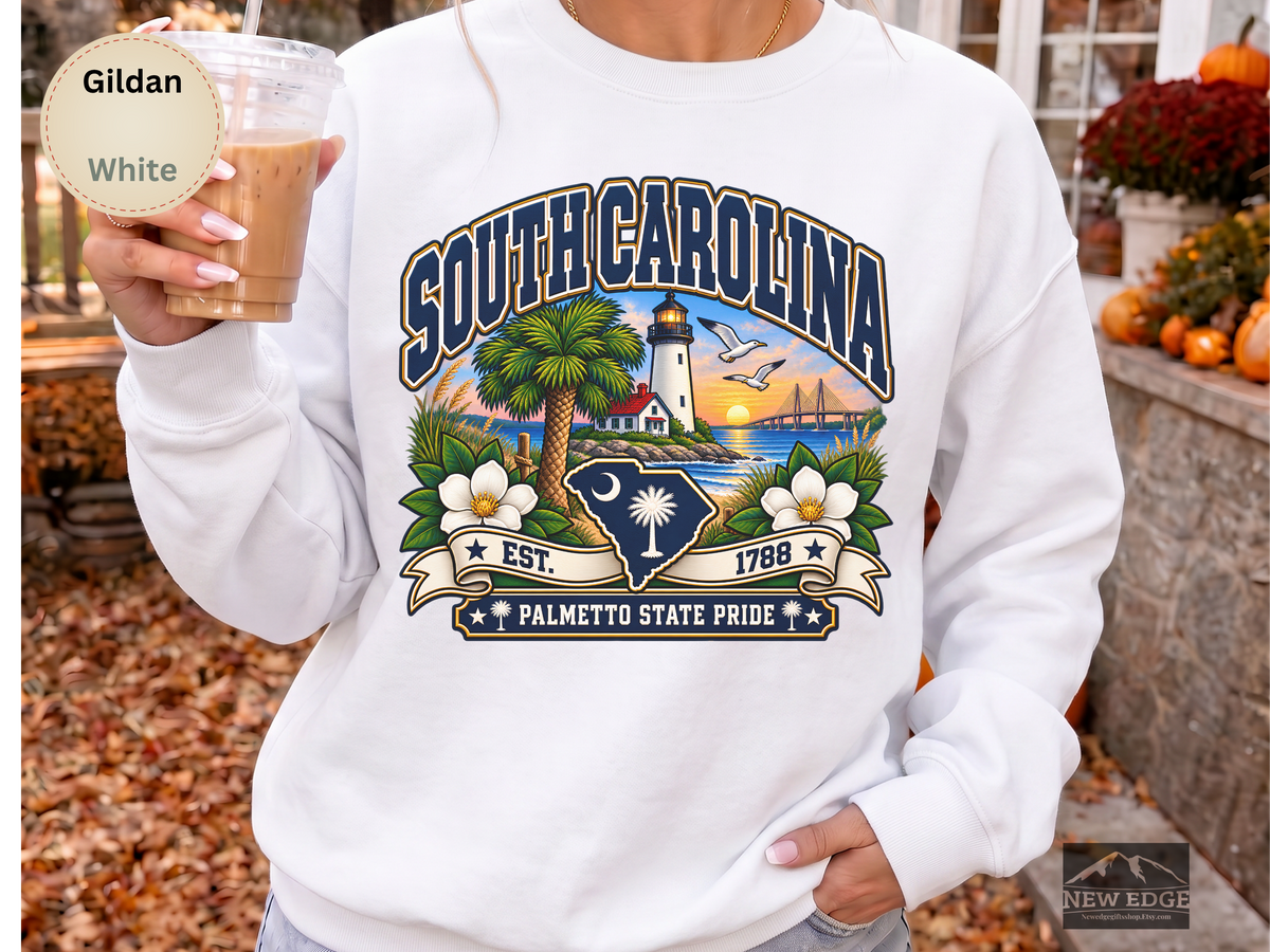 South Carolina Palmetto State Sweatshirt, Coastal Lighthouse Sunset Gildan 18000 Crewneck, Southern State Pride