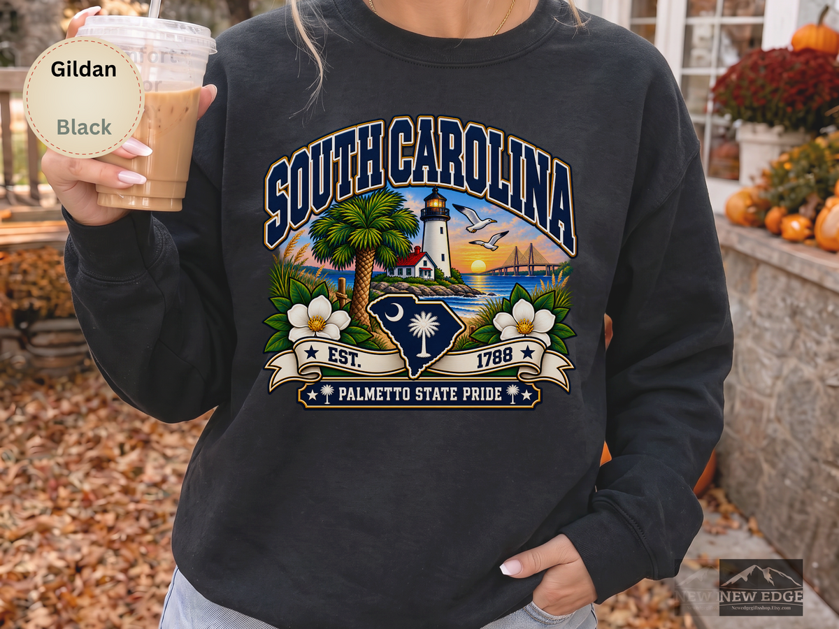 South Carolina Palmetto State Sweatshirt, Coastal Lighthouse Sunset Gildan 18000 Crewneck, Southern State Pride