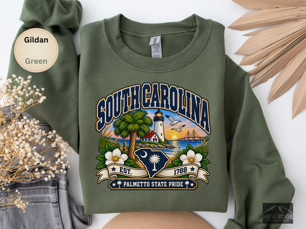 South Carolina Palmetto State Sweatshirt, Coastal Lighthouse Sunset Gildan 18000 Crewneck, Southern State Pride