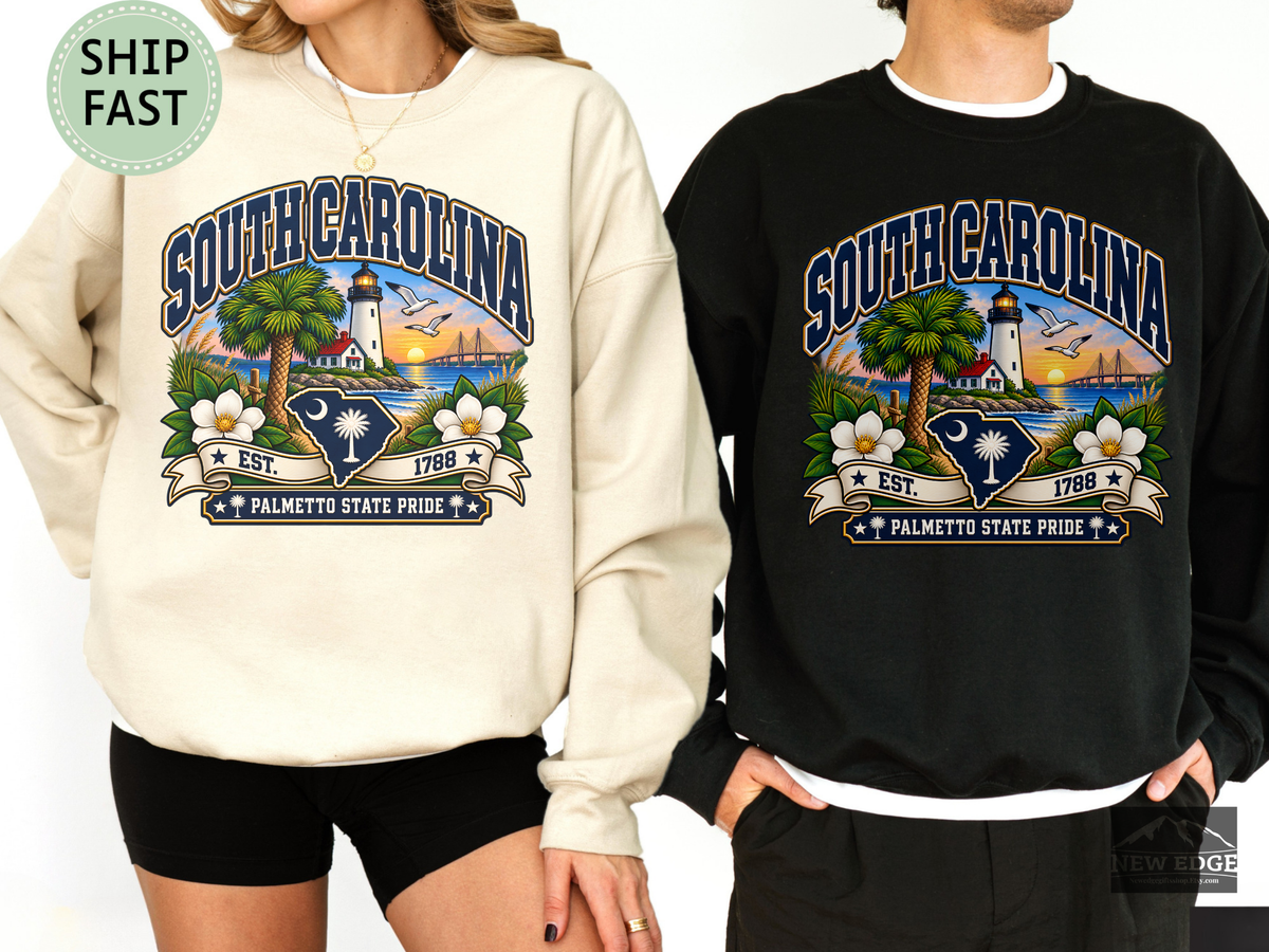 South Carolina Palmetto State Sweatshirt, Coastal Lighthouse Sunset Gildan 18000 Crewneck, Southern State Pride