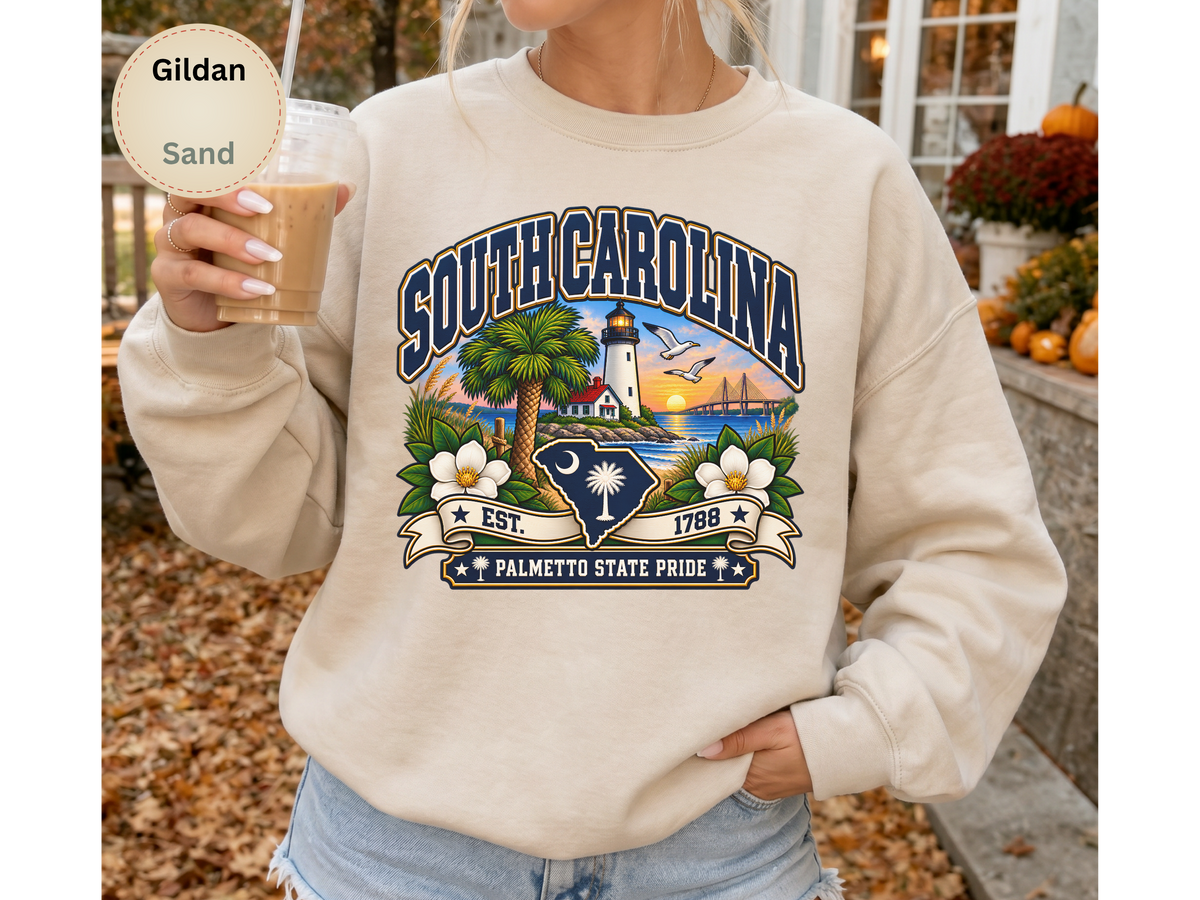 South Carolina Palmetto State Sweatshirt, Coastal Lighthouse Sunset Gildan 18000 Crewneck, Southern State Pride