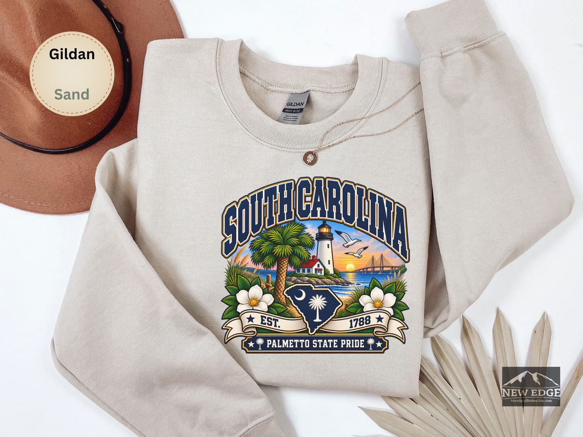 South Carolina Palmetto State Sweatshirt, Coastal Lighthouse Sunset Gildan 18000 Crewneck, Southern State Pride