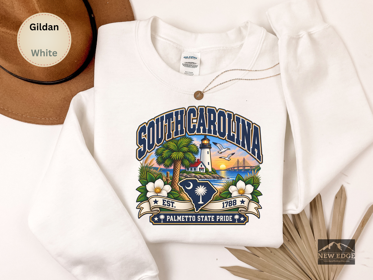 South Carolina Palmetto State Sweatshirt, Coastal Lighthouse Sunset Gildan 18000 Crewneck, Southern State Pride