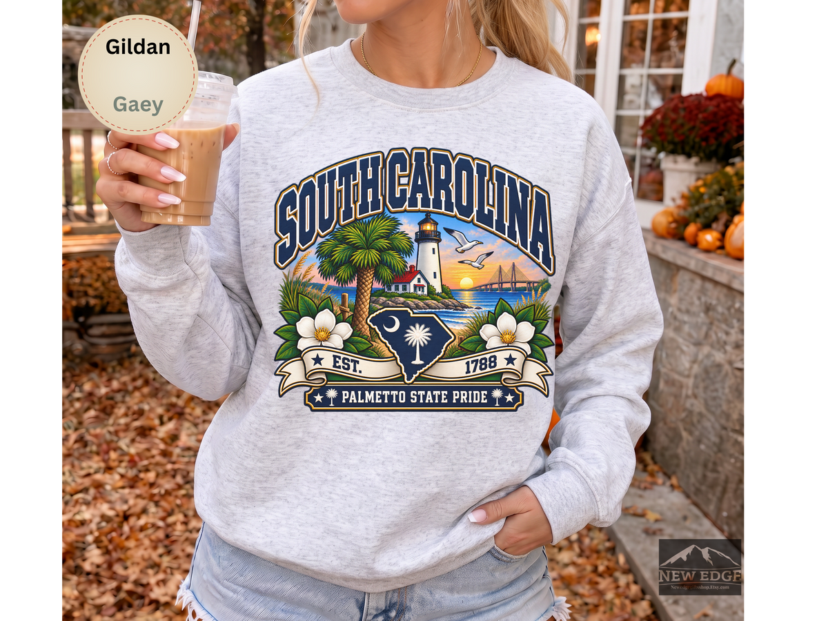 South Carolina Palmetto State Sweatshirt, Coastal Lighthouse Sunset Gildan 18000 Crewneck, Southern State Pride
