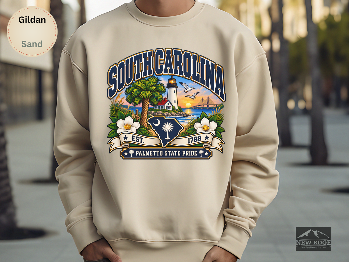 South Carolina Palmetto State Sweatshirt, Coastal Lighthouse Sunset Gildan 18000 Crewneck, Southern State Pride