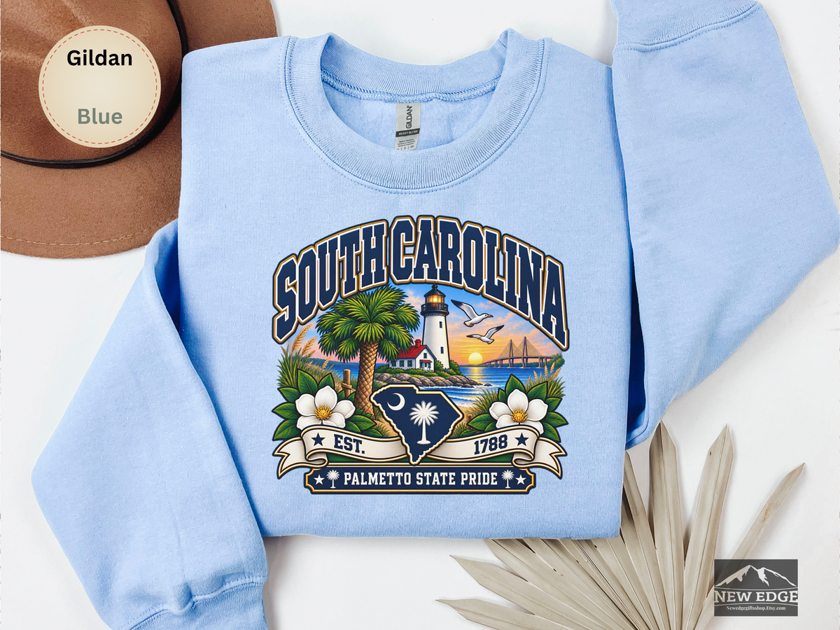 South Carolina Palmetto State Sweatshirt, Coastal Lighthouse Sunset Gildan 18000 Crewneck, Southern State Pride