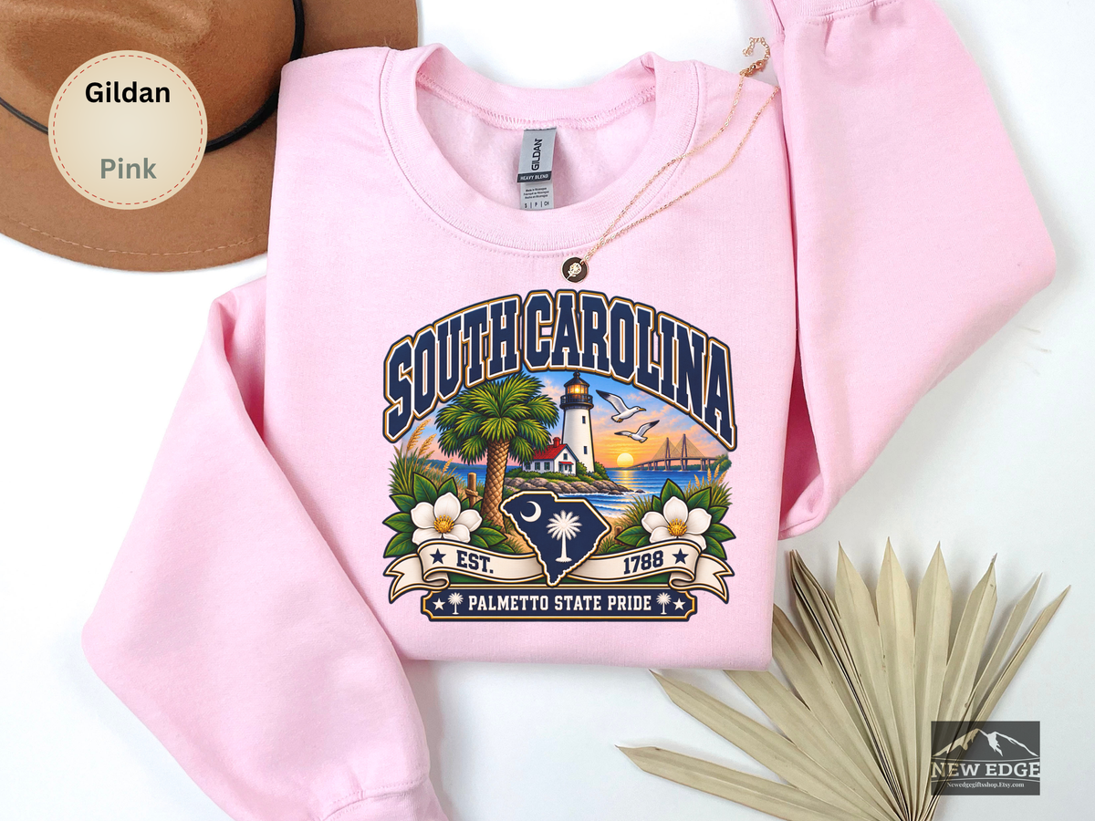 South Carolina Palmetto State Sweatshirt, Coastal Lighthouse Sunset Gildan 18000 Crewneck, Southern State Pride