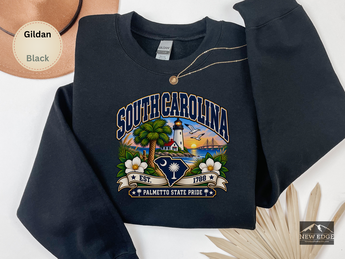South Carolina Palmetto State Sweatshirt, Coastal Lighthouse Sunset Gildan 18000 Crewneck, Southern State Pride