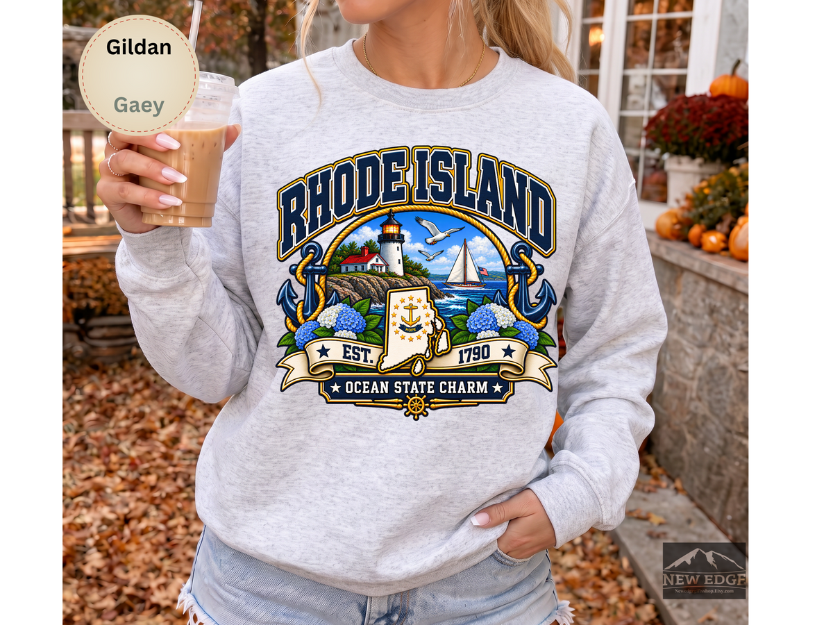 Rhode Island Ocean State Sweatshirt, Coastal Lighthouse Sailing Gildan 18000 Crewneck, New England State Pride