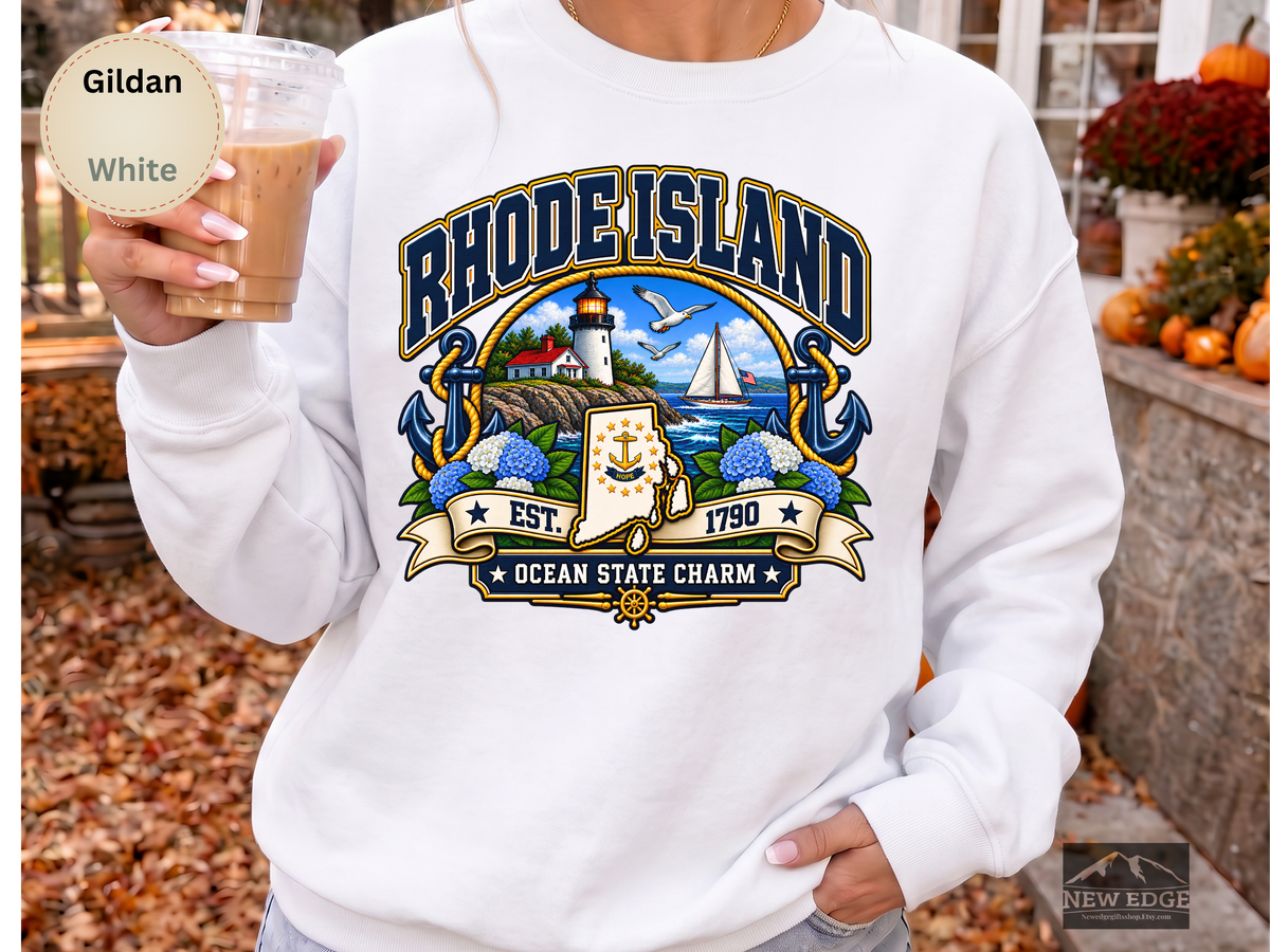 Rhode Island Ocean State Sweatshirt, Coastal Lighthouse Sailing Gildan 18000 Crewneck, New England State Pride