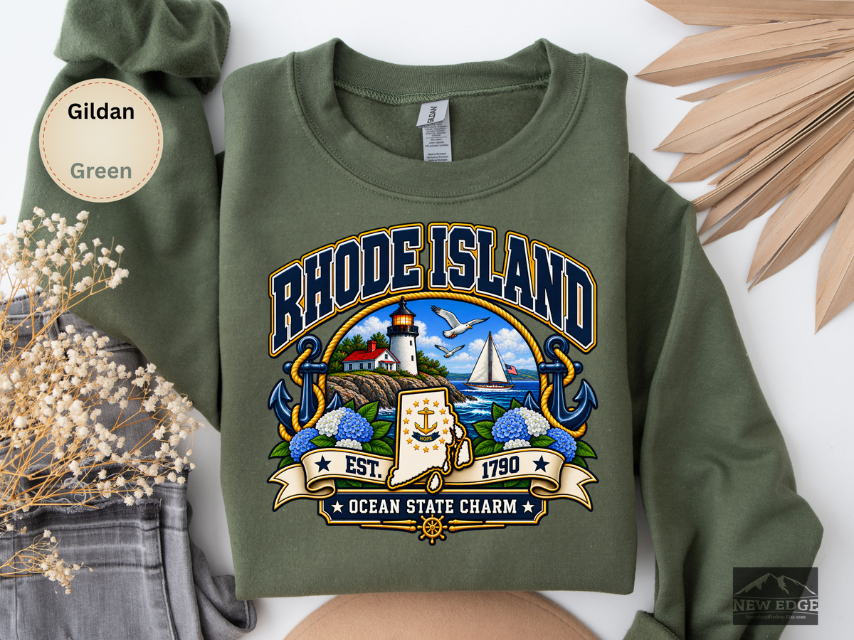Rhode Island Ocean State Sweatshirt, Coastal Lighthouse Sailing Gildan 18000 Crewneck, New England State Pride