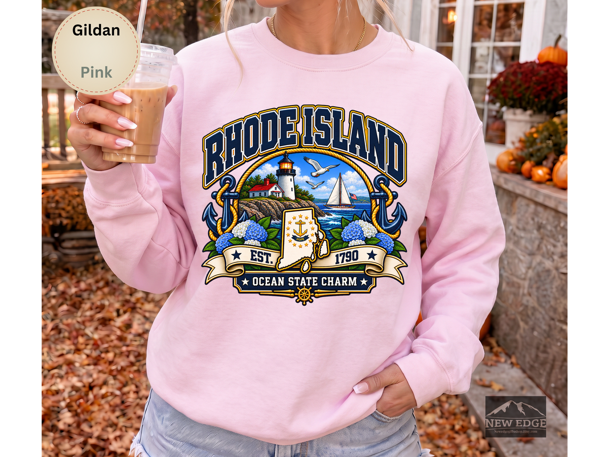 Rhode Island Ocean State Sweatshirt, Coastal Lighthouse Sailing Gildan 18000 Crewneck, New England State Pride