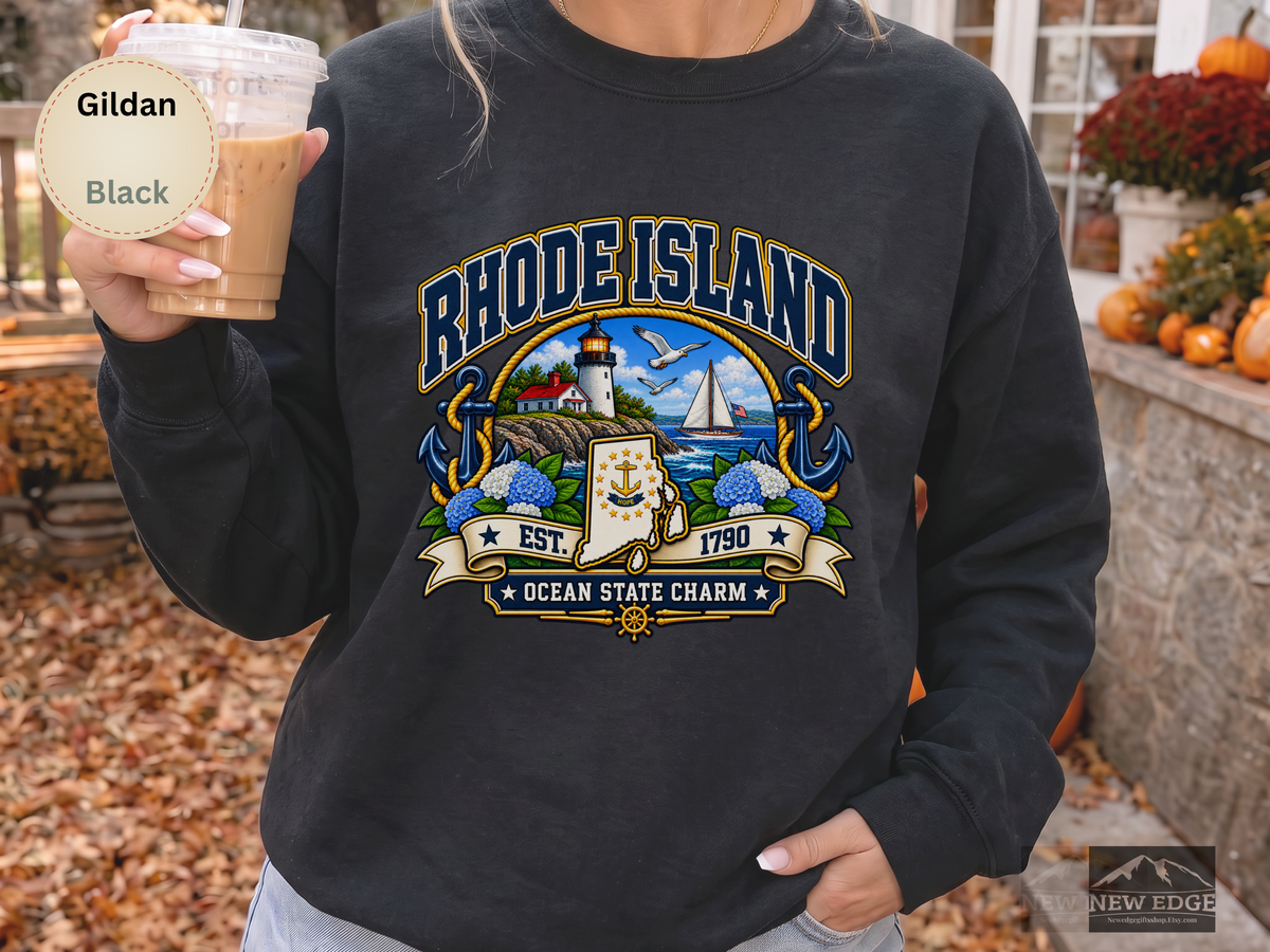 Rhode Island Ocean State Sweatshirt, Coastal Lighthouse Sailing Gildan 18000 Crewneck, New England State Pride