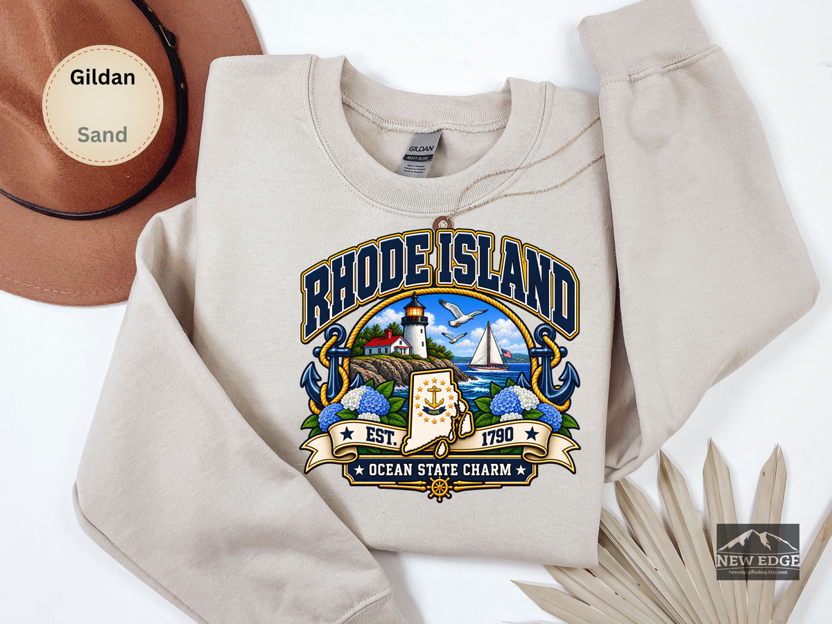 Rhode Island Ocean State Sweatshirt, Coastal Lighthouse Sailing Gildan 18000 Crewneck, New England State Pride