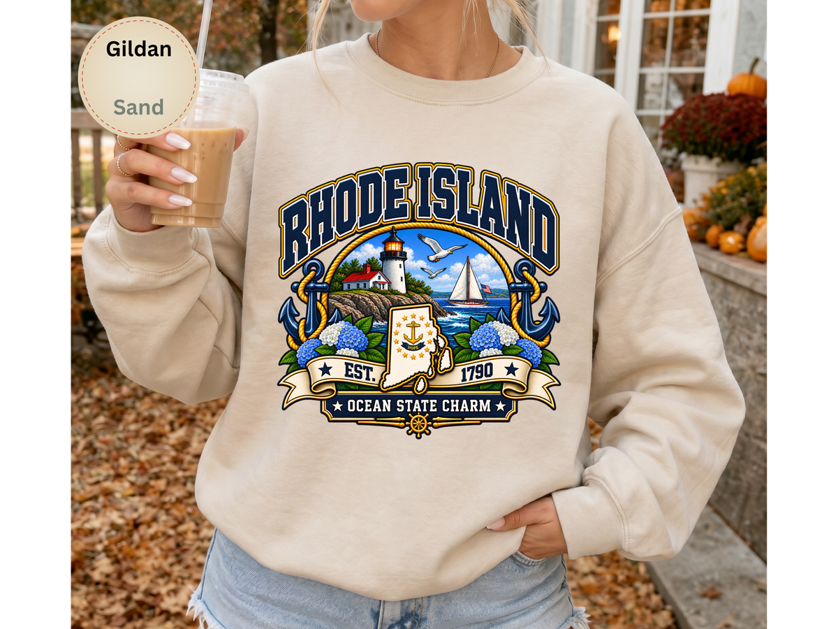 Rhode Island Ocean State Sweatshirt, Coastal Lighthouse Sailing Gildan 18000 Crewneck, New England State Pride