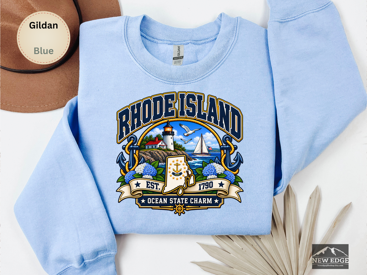 Rhode Island Ocean State Sweatshirt, Coastal Lighthouse Sailing Gildan 18000 Crewneck, New England State Pride