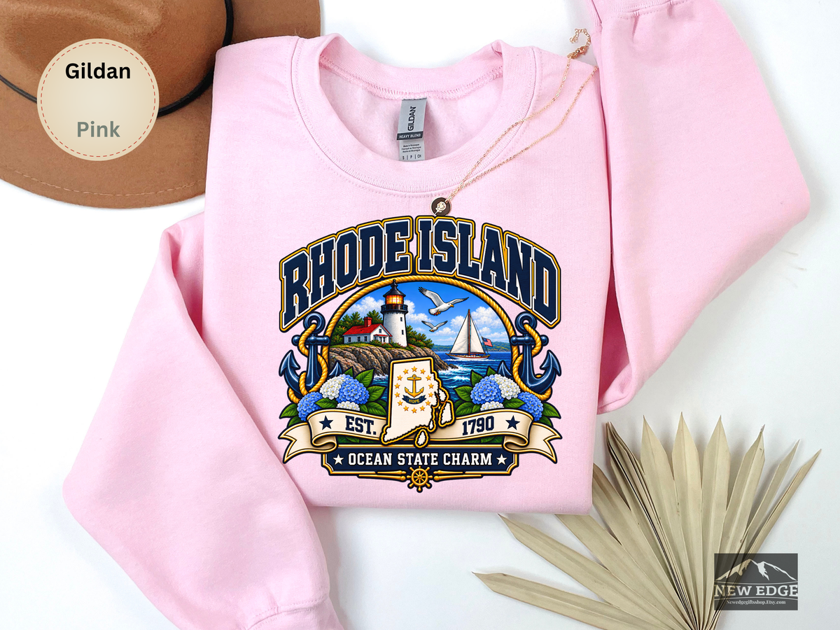 Rhode Island Ocean State Sweatshirt, Coastal Lighthouse Sailing Gildan 18000 Crewneck, New England State Pride