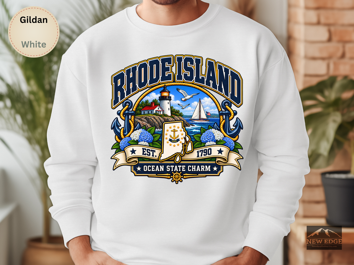 Rhode Island Ocean State Sweatshirt, Coastal Lighthouse Sailing Gildan 18000 Crewneck, New England State Pride