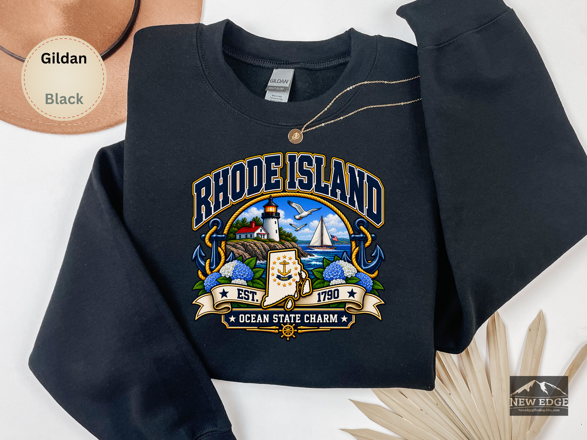Rhode Island Ocean State Sweatshirt, Coastal Lighthouse Sailing Gildan 18000 Crewneck, New England State Pride