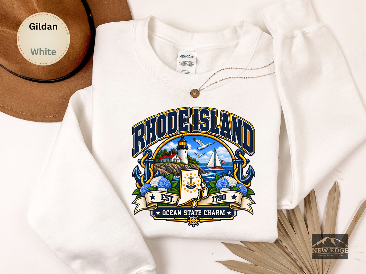 Rhode Island Ocean State Sweatshirt, Coastal Lighthouse Sailing Gildan 18000 Crewneck, New England State Pride
