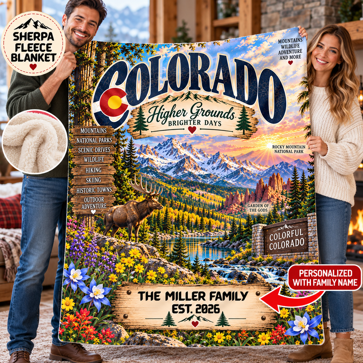 Colorado Personalized Sherpa Fleece Blanket, Rocky Mountains Scenic Custom Family Name State Gift
