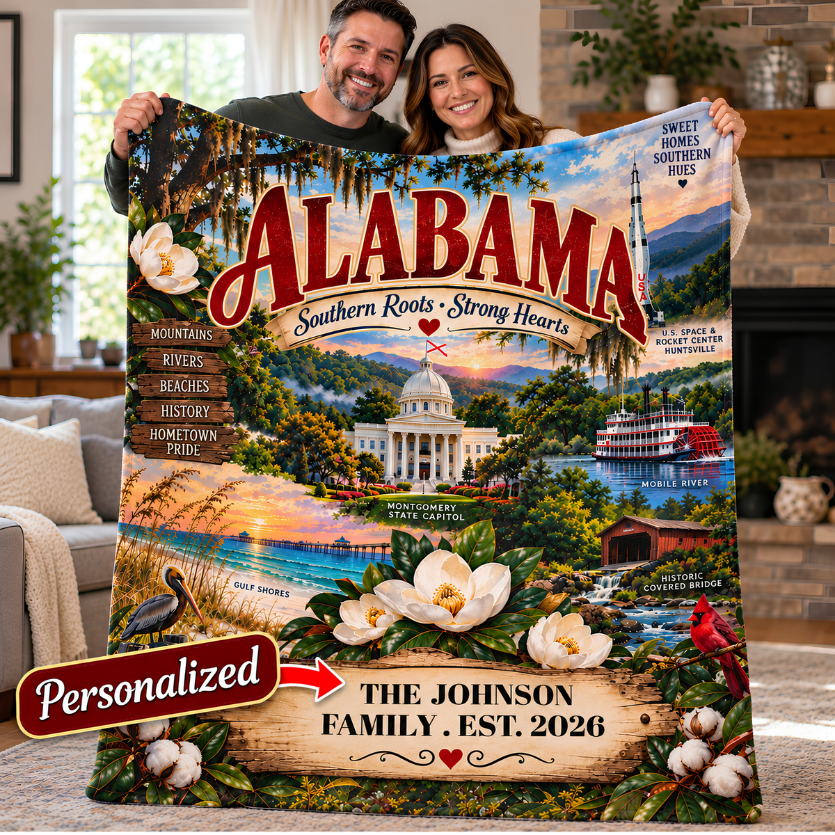 Alabama Personalized Sherpa Fleece Blanket, Custom Family Name, Scenic State Landmarks, Southern Roots Strong Hearts