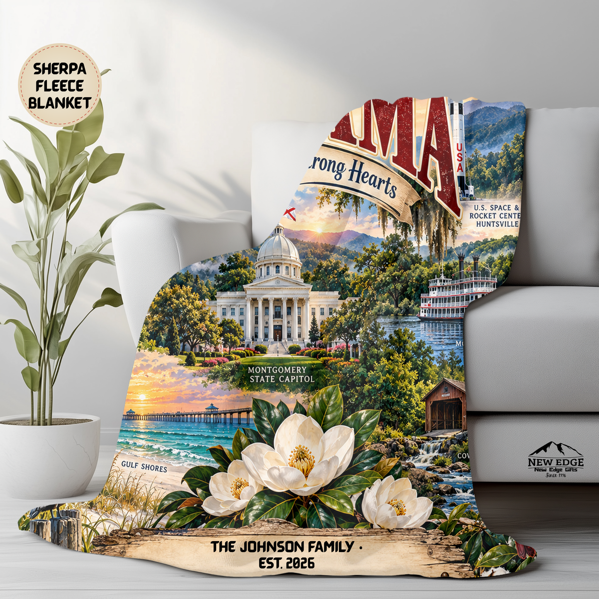 Alabama Personalized Sherpa Fleece Blanket, Custom Family Name, Scenic State Landmarks, Southern Roots Strong Hearts