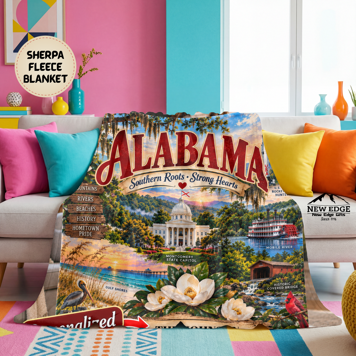Alabama Personalized Sherpa Fleece Blanket, Custom Family Name, Scenic State Landmarks, Southern Roots Strong Hearts