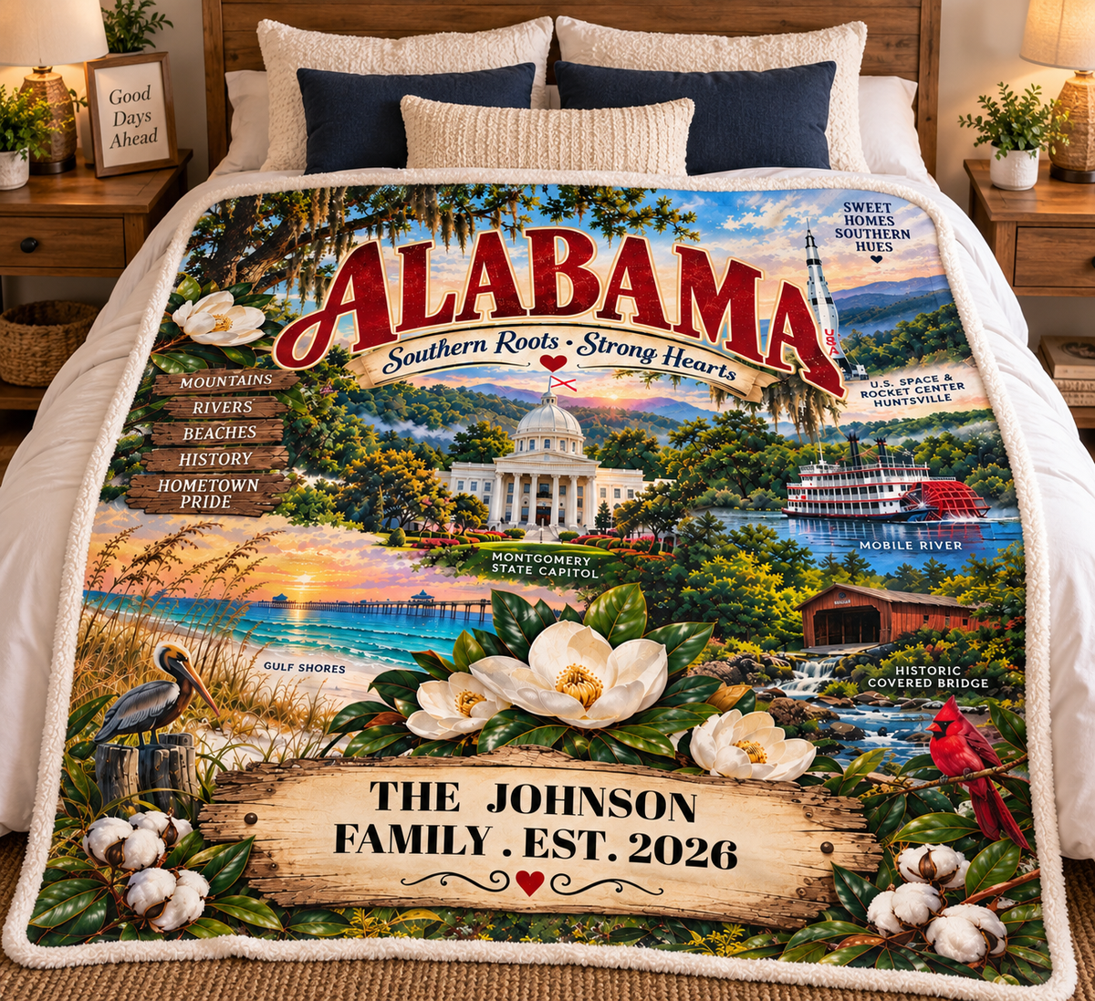 Alabama Personalized Sherpa Fleece Blanket, Custom Family Name, Scenic State Landmarks, Southern Roots Strong Hearts
