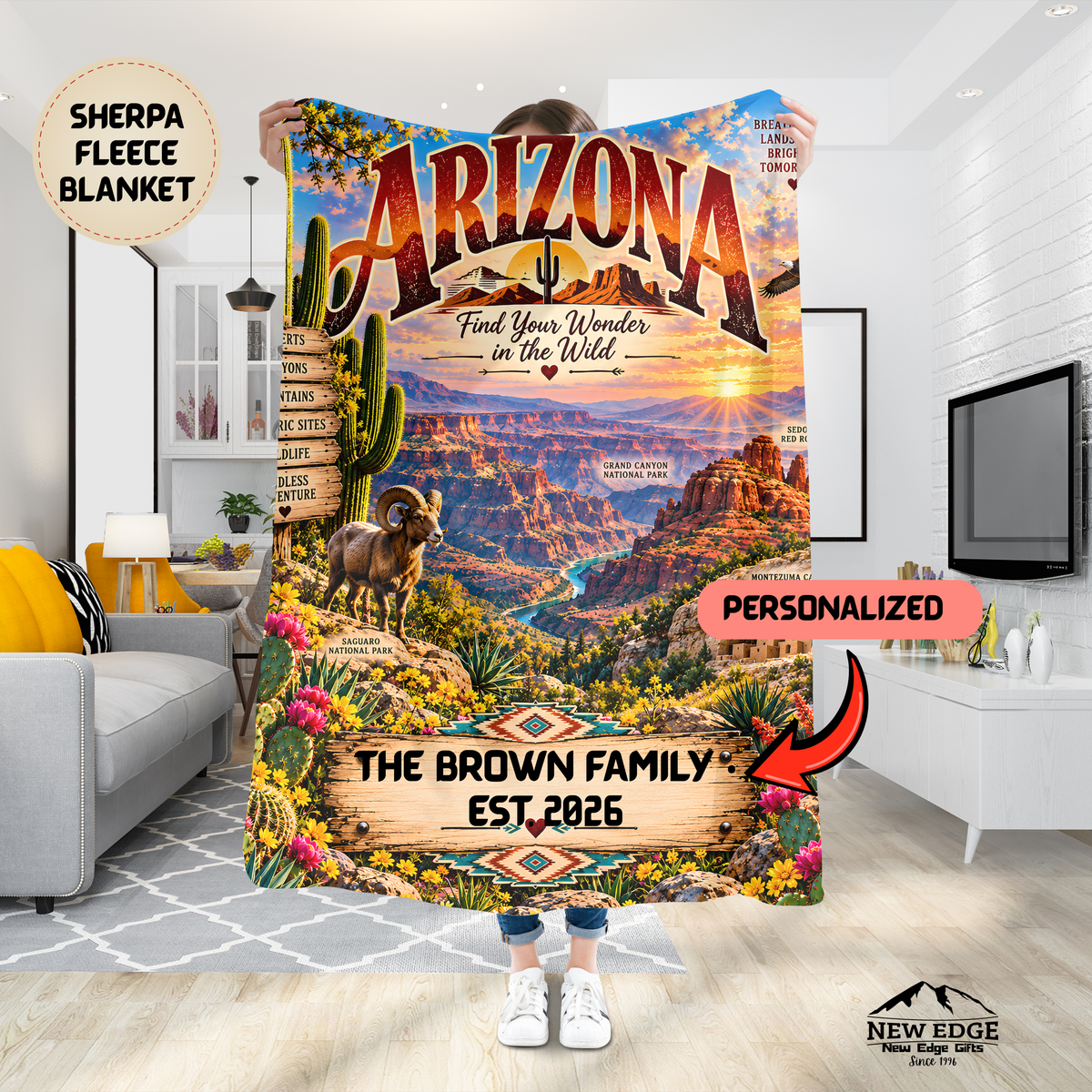 Arizona Personalized Sherpa Fleece Blanket, Grand Canyon Desert Landmarks Custom Family Name Blanket