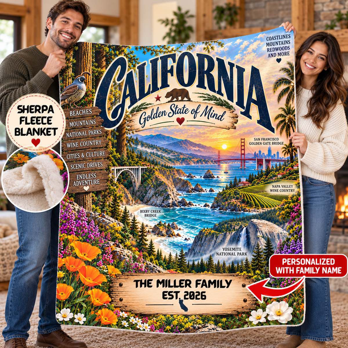 California Personalized Sherpa Fleece Blanket, Golden State Scenic Landmarks Custom Family Gift
