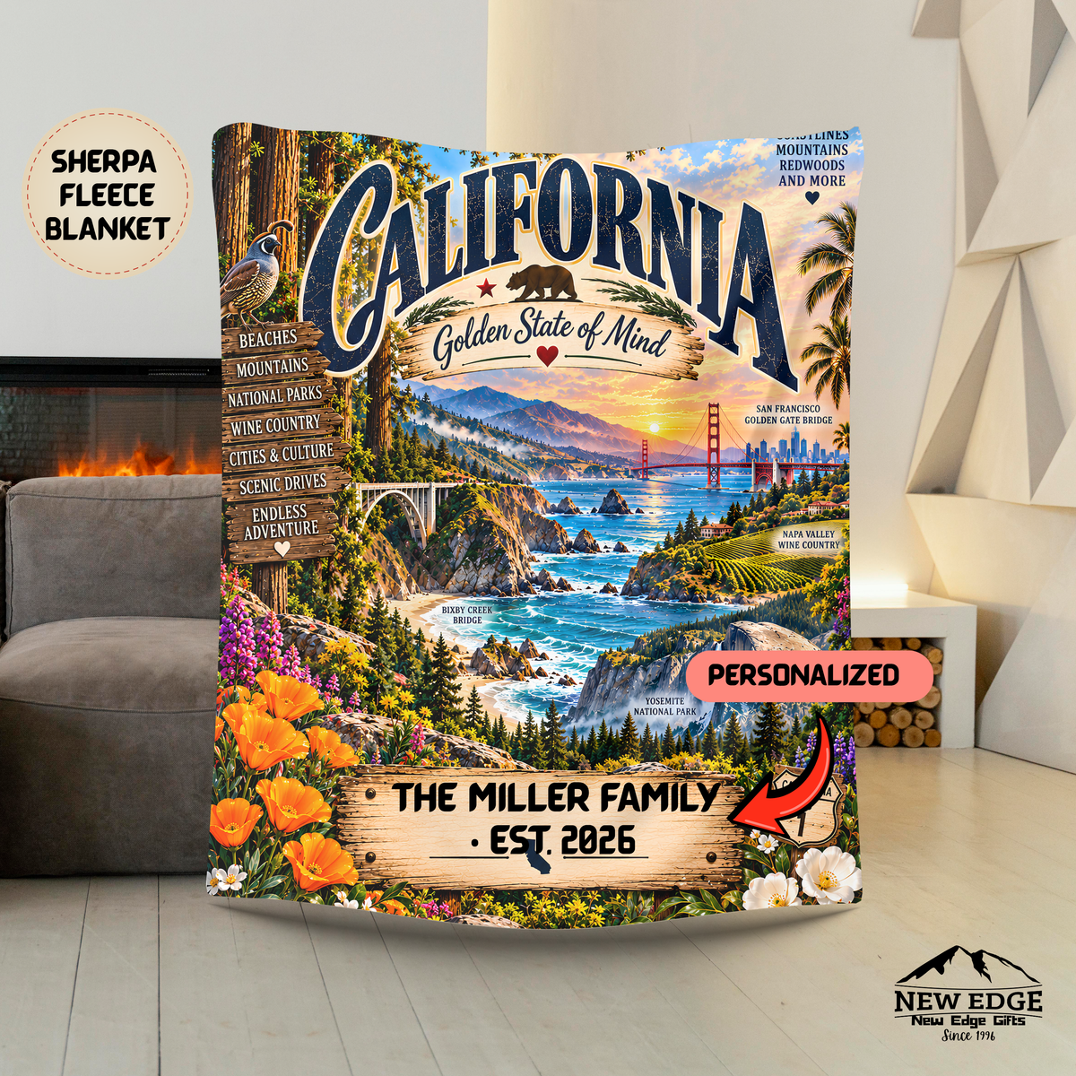 California Personalized Sherpa Fleece Blanket, Golden State Scenic Landmarks Custom Family Gift