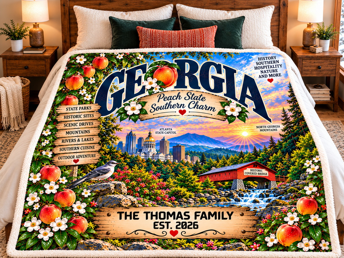 Georgia Peach State Southern Charm Sherpa Fleece Blanket | Personalized Family Est. 2026