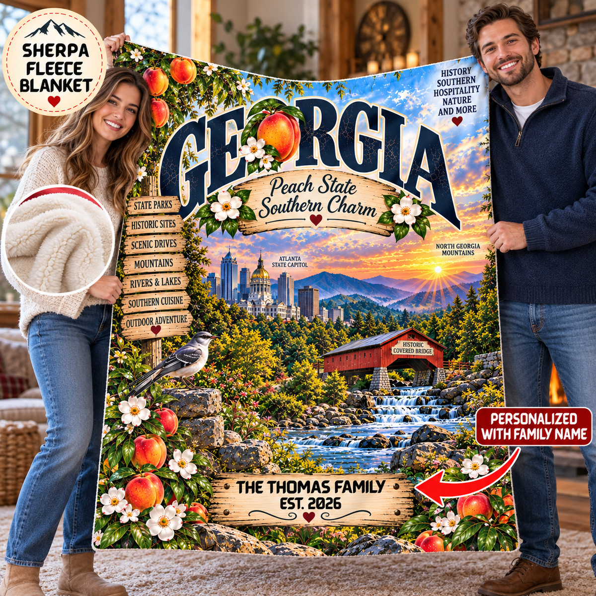 Georgia Peach State Southern Charm Sherpa Fleece Blanket | Personalized Family Est. 2026