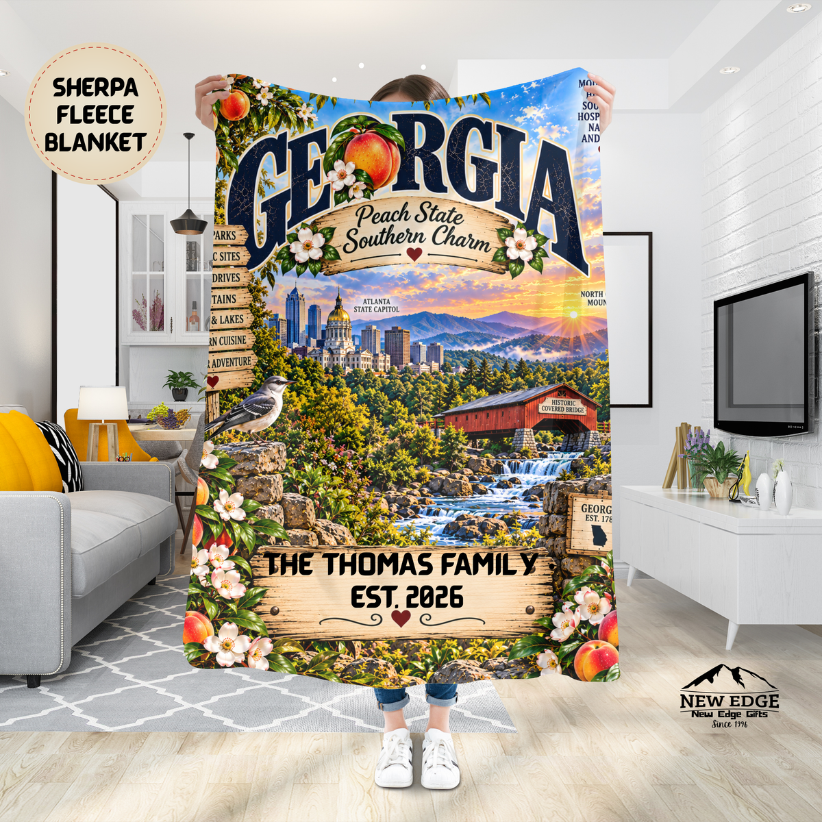 Georgia Peach State Southern Charm Sherpa Fleece Blanket | Personalized Family Est. 2026