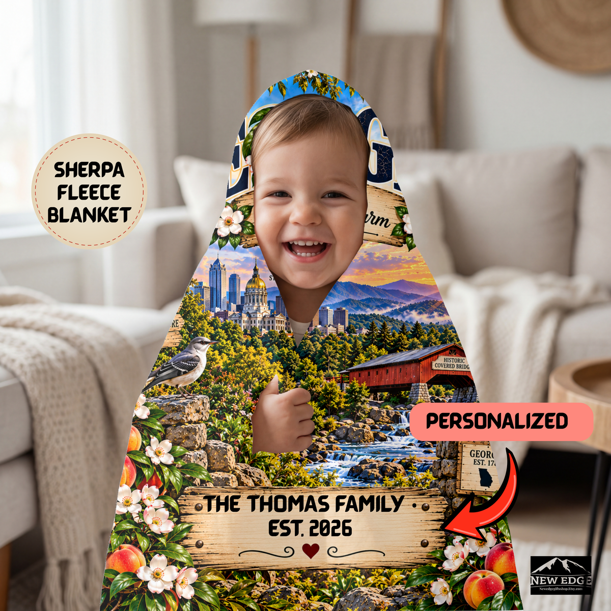Georgia Peach State Southern Charm Sherpa Fleece Blanket | Personalized Family Est. 2026