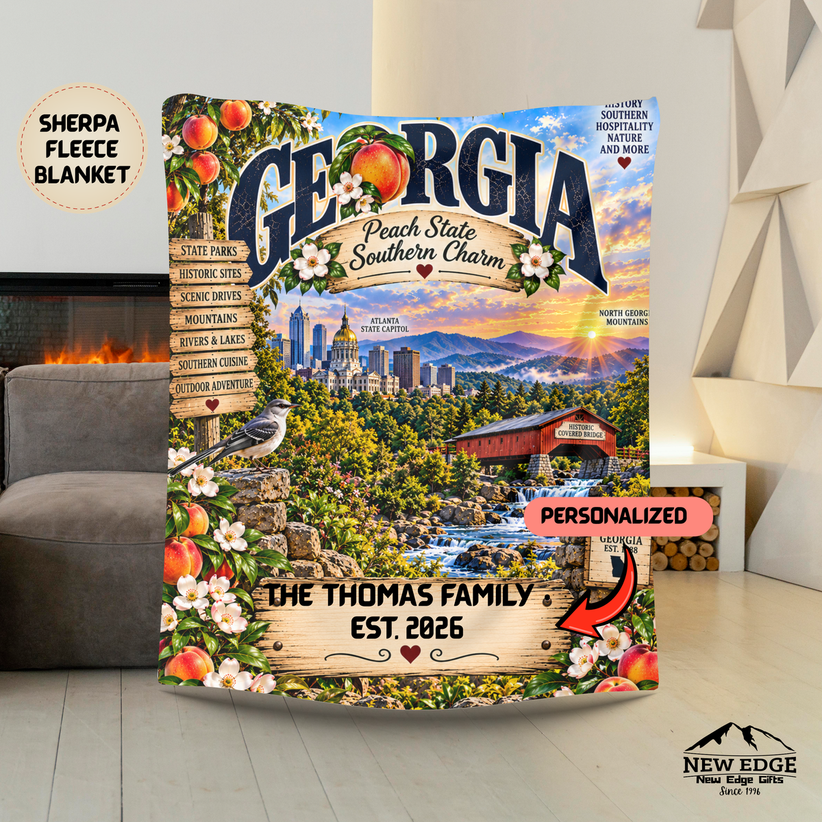 Georgia Peach State Southern Charm Sherpa Fleece Blanket | Personalized Family Est. 2026