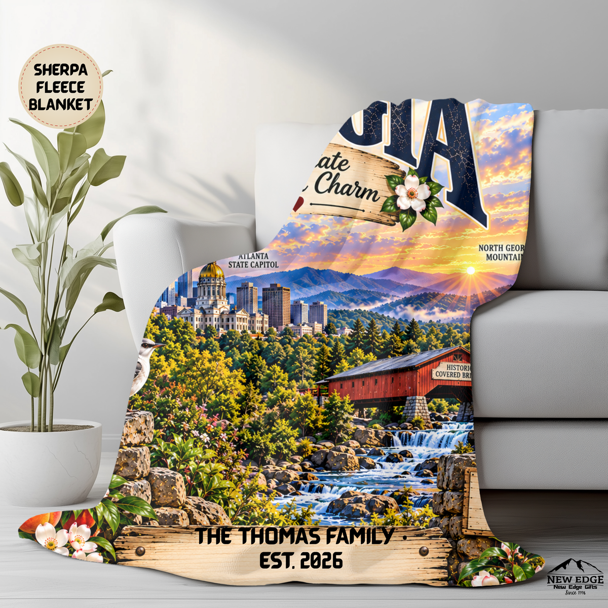 Georgia Peach State Southern Charm Sherpa Fleece Blanket | Personalized Family Est. 2026