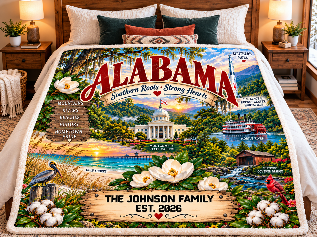 Alabama Personalized Sherpa Fleece Blanket, Custom Family Name, Scenic State Landmarks, Southern Roots Strong Hearts