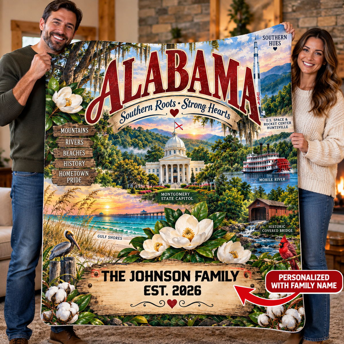 Alabama Personalized Sherpa Fleece Blanket, Custom Family Name, Scenic State Landmarks, Southern Roots Strong Hearts