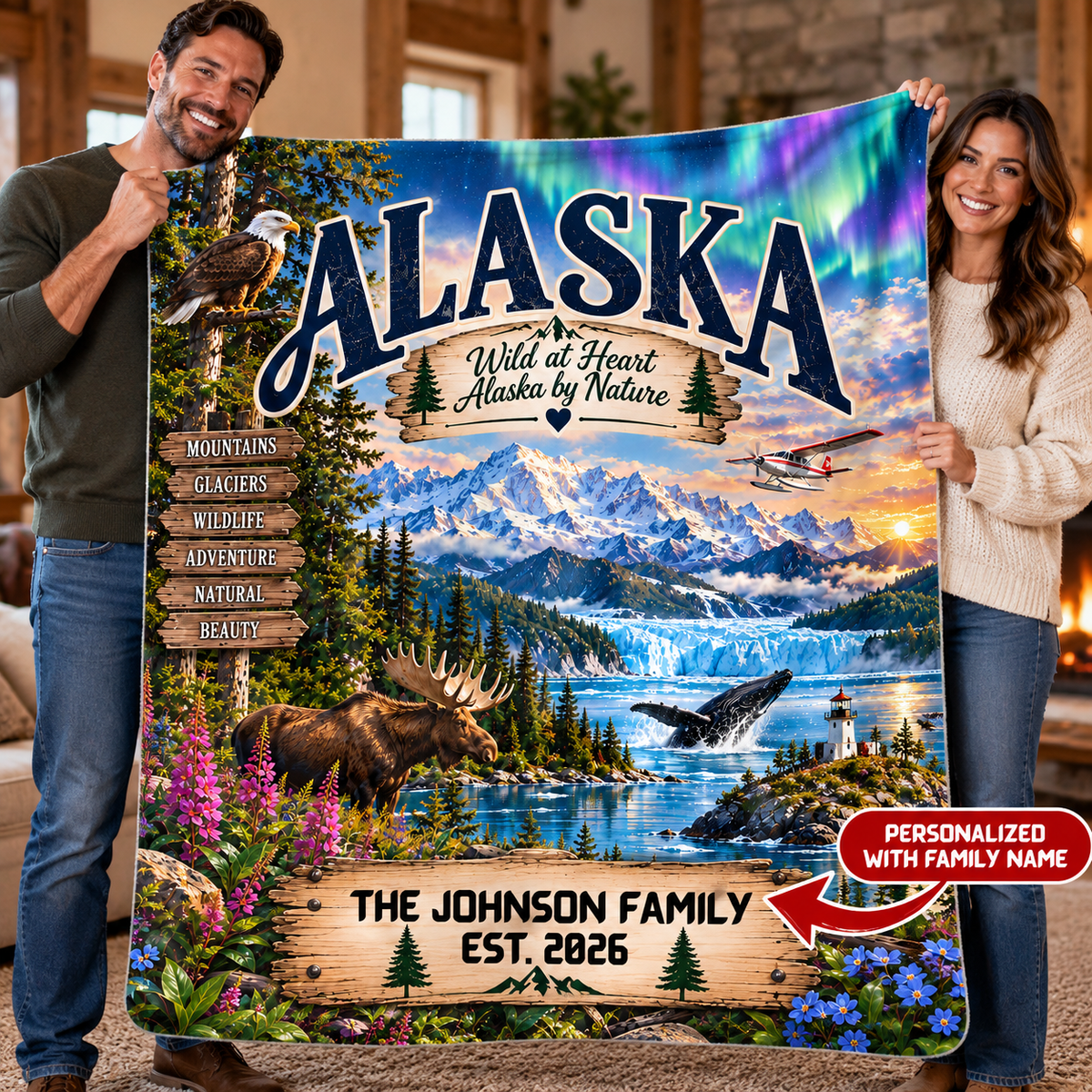 Alaska Personalized Sherpa Fleece Blanket, Scenic Landmarks Wildlife Custom Family Name State Blanket