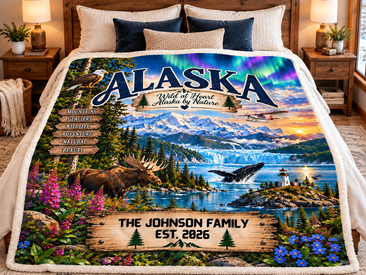 Alaska Personalized Sherpa Fleece Blanket, Scenic Landmarks Wildlife Custom Family Name State Blanket