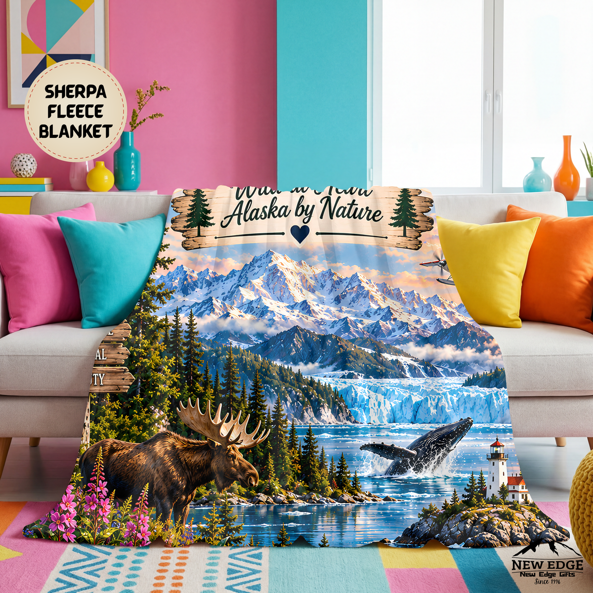 Alaska Personalized Sherpa Fleece Blanket, Scenic Landmarks Wildlife Custom Family Name State Blanket