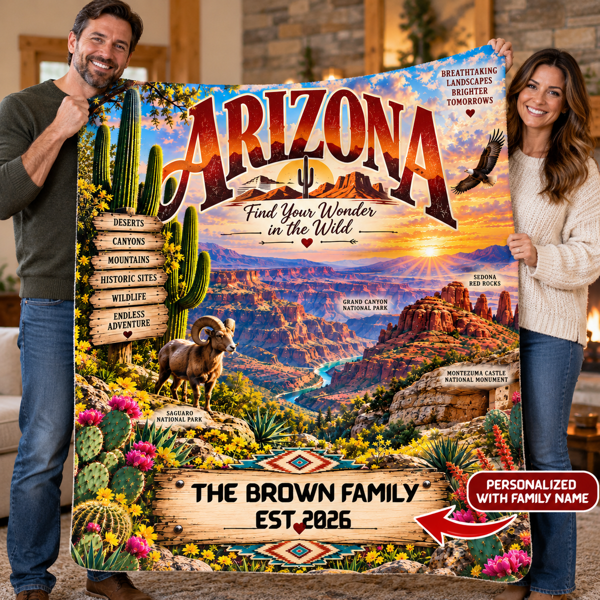 Arizona Personalized Sherpa Fleece Blanket, Grand Canyon Desert Landmarks Custom Family Name Blanket