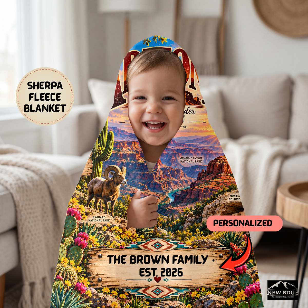 Arizona Personalized Sherpa Fleece Blanket, Grand Canyon Desert Landmarks Custom Family Name Blanket