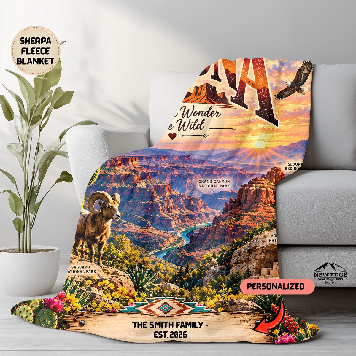 Arizona Personalized Sherpa Fleece Blanket, Grand Canyon Desert Landmarks Custom Family Name Blanket