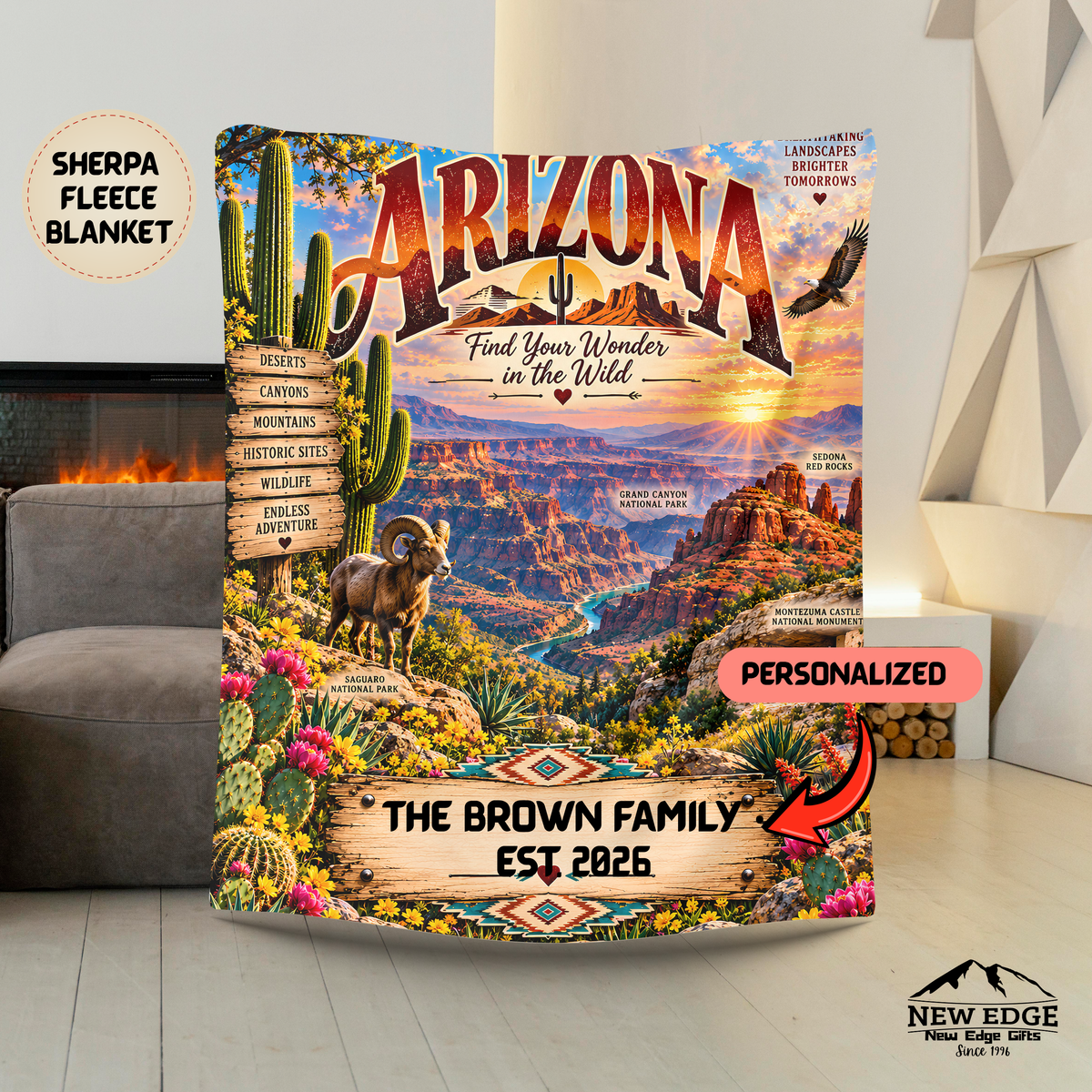 Arizona Personalized Sherpa Fleece Blanket, Grand Canyon Desert Landmarks Custom Family Name Blanket