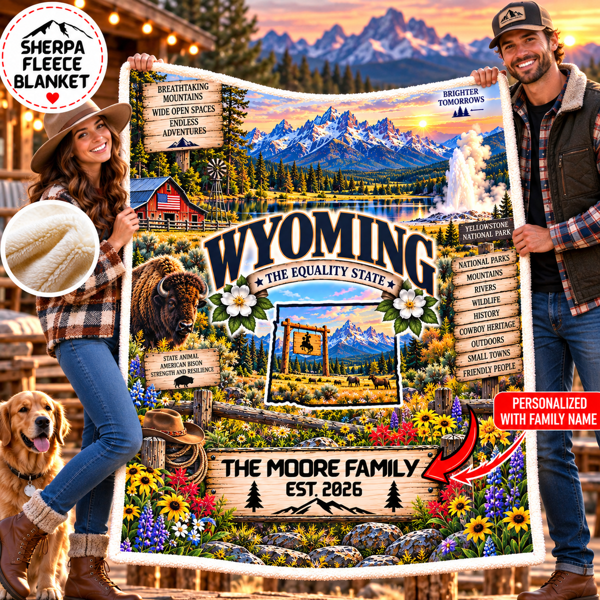 Wyoming Personalized Sherpa Fleece Blanket, Grand Tetons, Yellowstone, Bison, Cowboy Western Decor